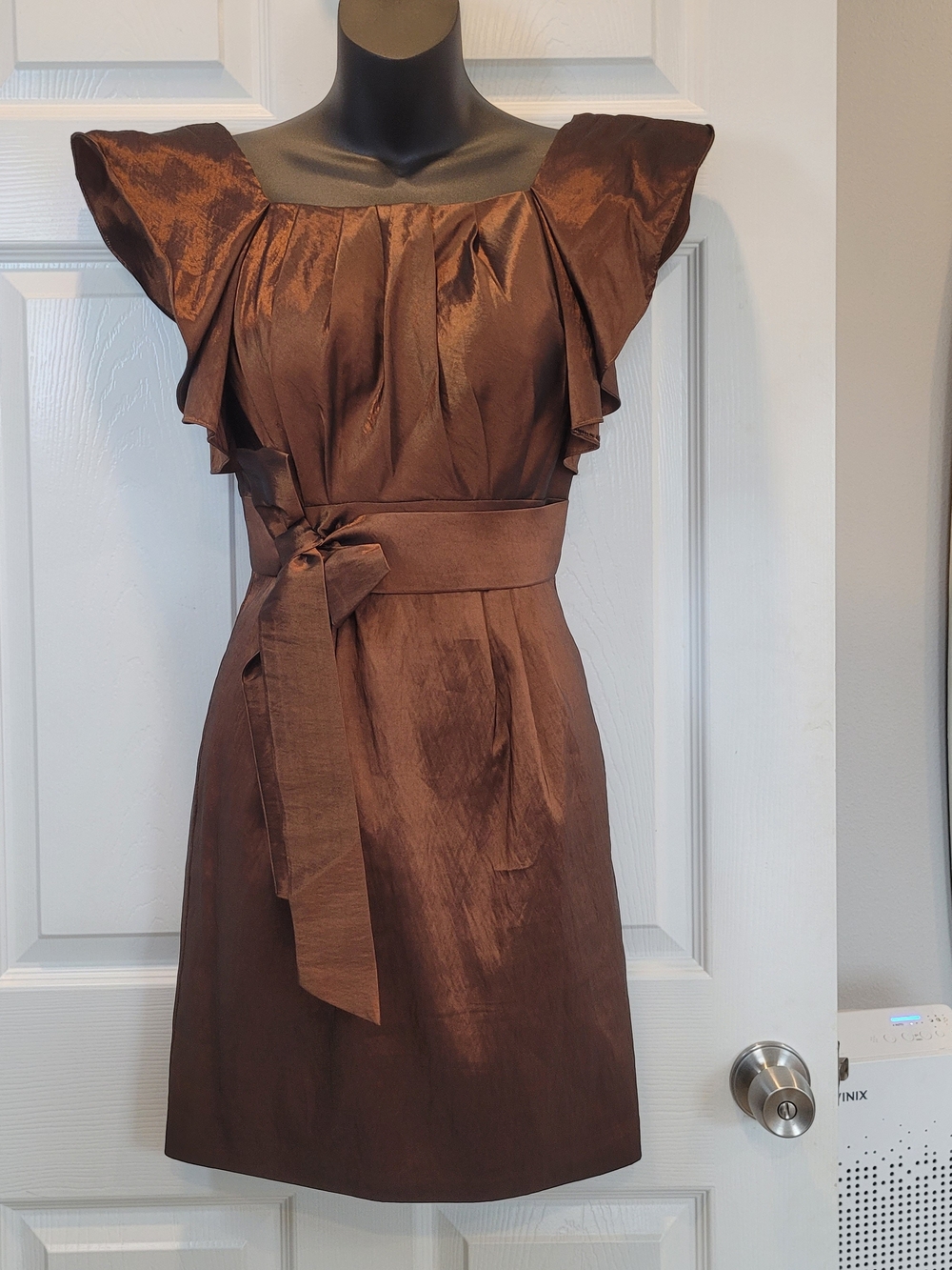 Dalia MacPhee Copper Metallic Taffeta Ruffle Scoop Neck Event Dress Size 2